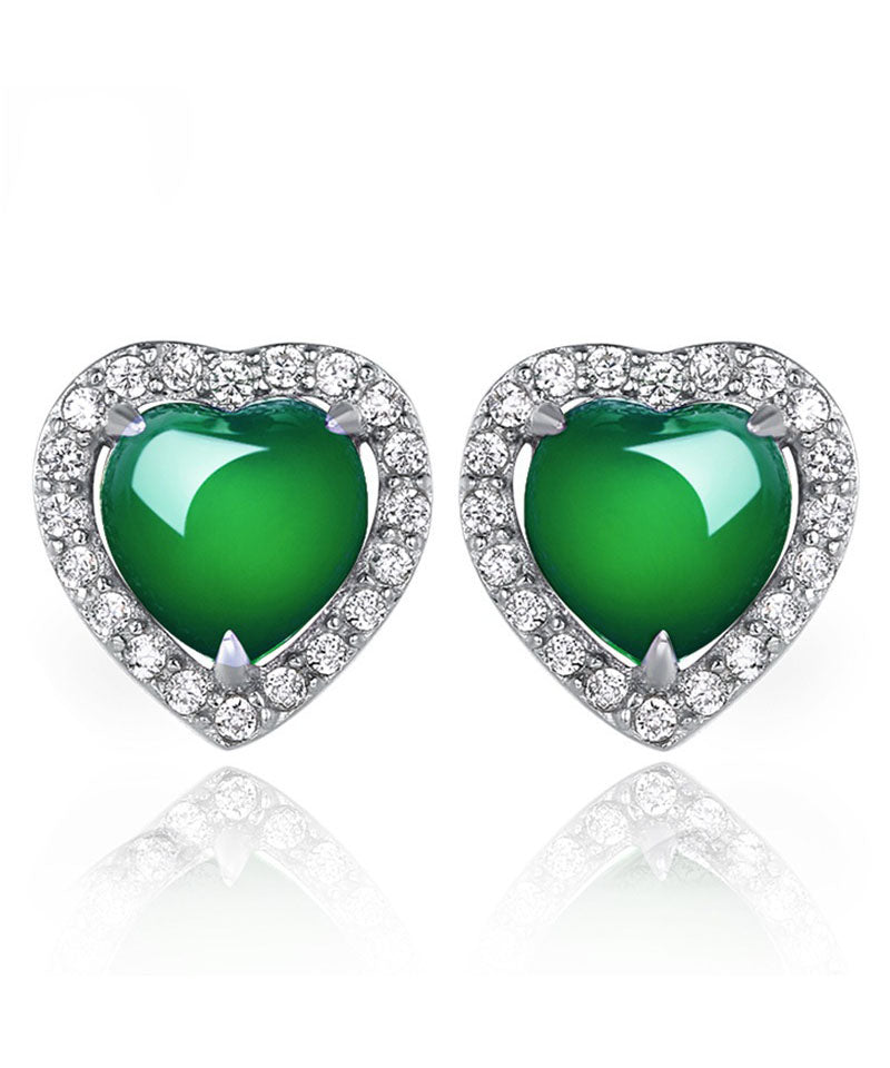 Unique Green Inlaid Gem Stone Zircon Love Stud Earrings