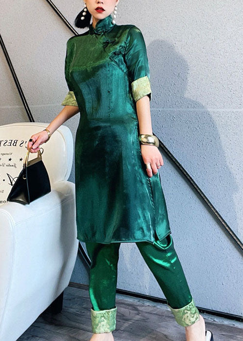 Unique Green Mandarin Collar Button Side Open Silk Chinese Style Two Pieces Set Short Sleeve
