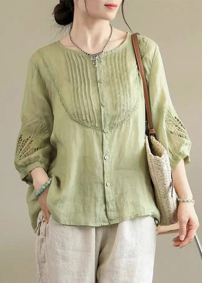 Unique Green O-Nec Embroideried Wrinkled Ramie Top Fall