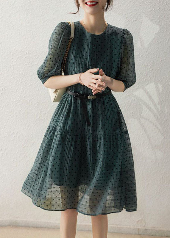 Unique Green O Neck Patchwork Dot Chiffon Mid Dresses Summer