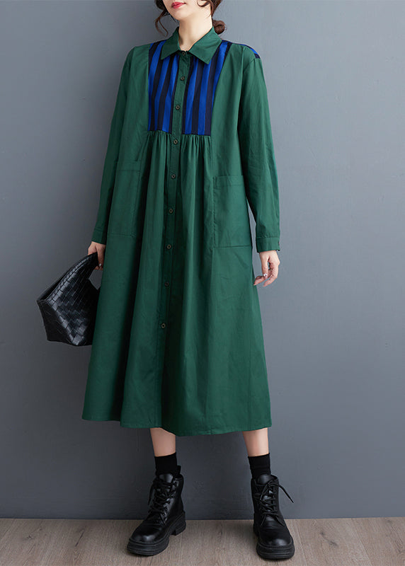 Unique Green Oversized Patchwork Cotton Shirt Dress Spring