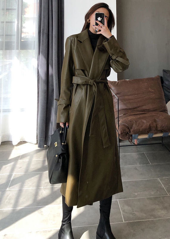 Unique Green Peter Pan Collar Pockets Faux Leather Trench Winter