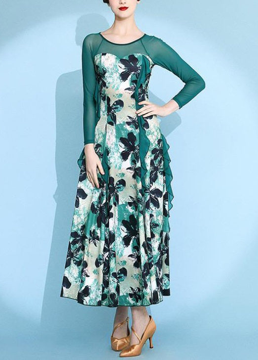 Unique Green Print Patchwork Chiffon Maxi Dresses Spring