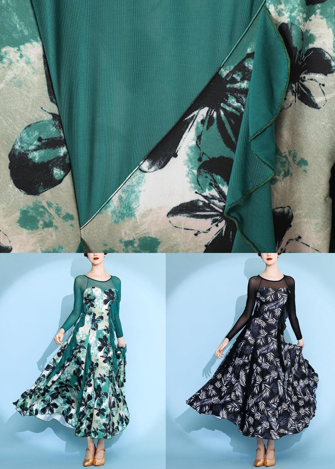 Unique Green Print Patchwork Chiffon Maxi Dresses Spring