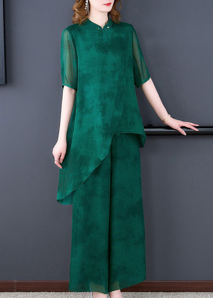 Unique Green Stand Collar Asymmetrical Silk Top And Wide Leg Pants Two Pieces Set Summer