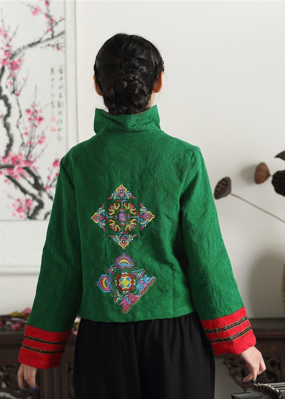 Unique Green Stand Collar Embroideried Patchwork Cotton Chinese Style Coats Spring