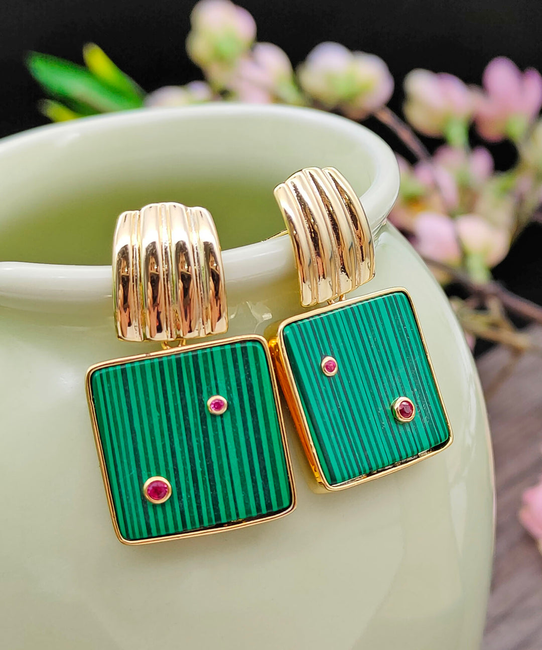 Unique Green Sterling Silver Overgild Inlaid Square Malachite Hoop Earrings