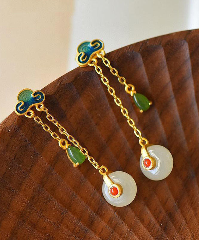 Unique Green Sterling Silver Ovgegild Jade Agate Enamel Xiang Yun Drop Earrings