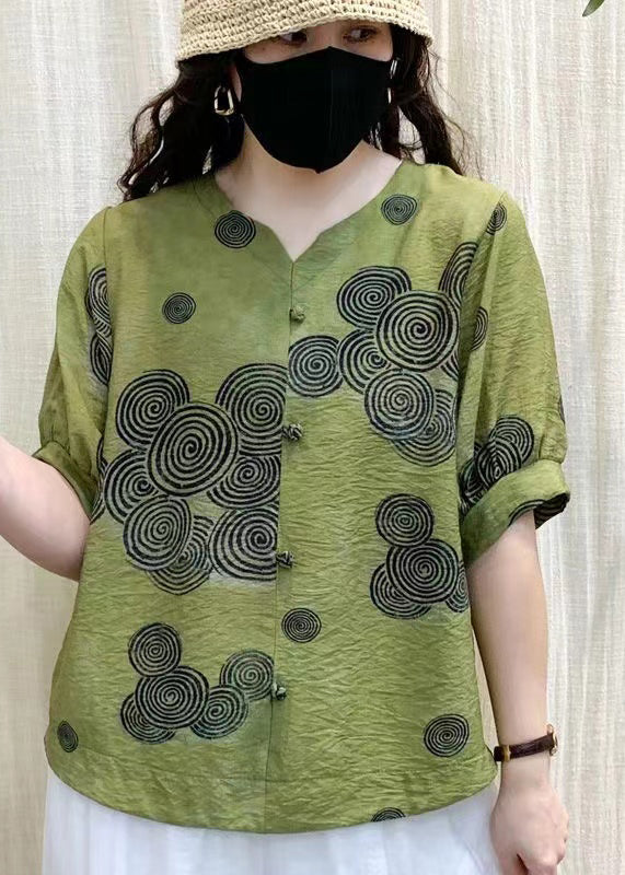 Unique Green V Neck Print Patchwork Linen T Shirts Summer