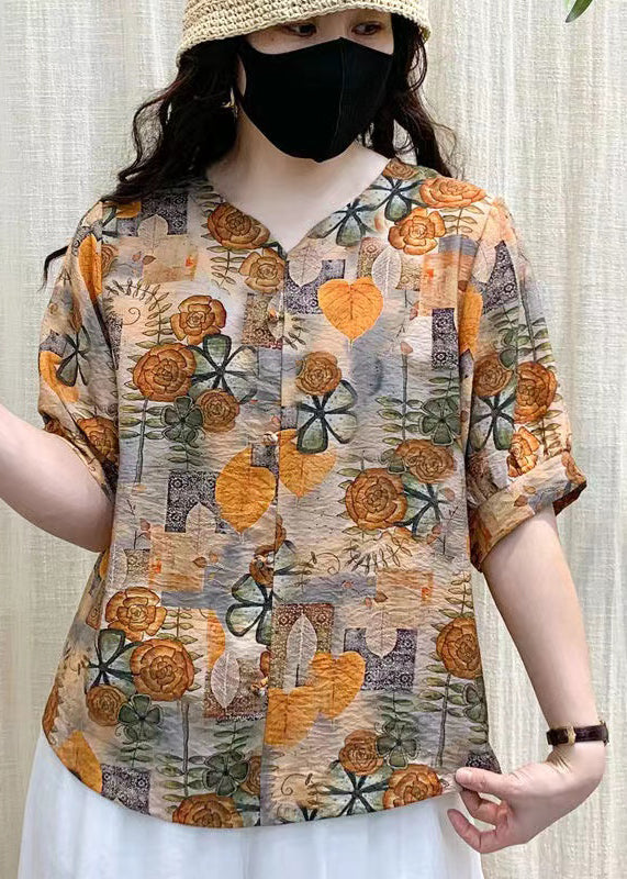 Unique Green V Neck Print Patchwork Linen T Shirts Summer