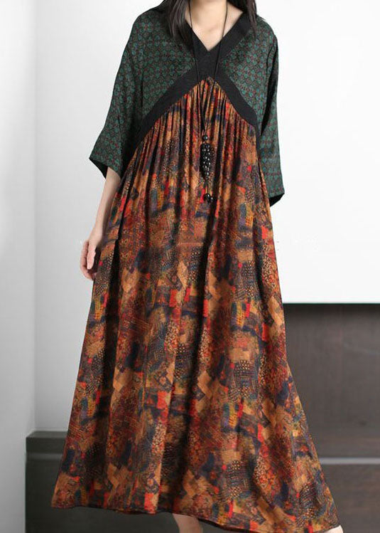 Unique Green V Neck Print Wrinkled Patchwork Silk Dress Summer