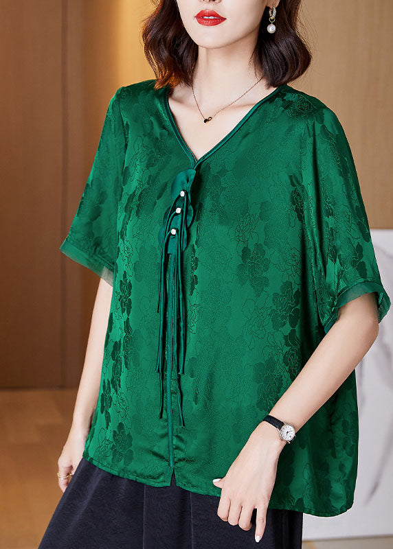 Unique Green V Neck Tassel Patchwork Jacquard Silk Shirt Short Sleeve