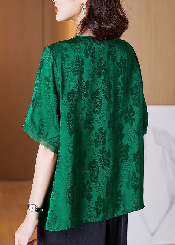 Unique Green V Neck Tassel Patchwork Jacquard Silk Shirt Short Sleeve