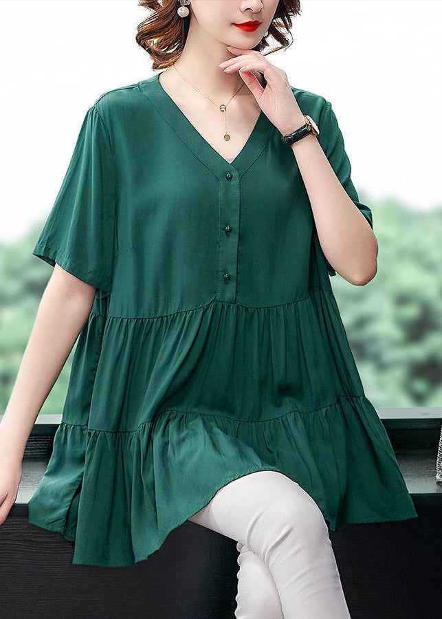 Unique Green V Neck wrinkled Ruffles Button Shirt Top Short Sleeve