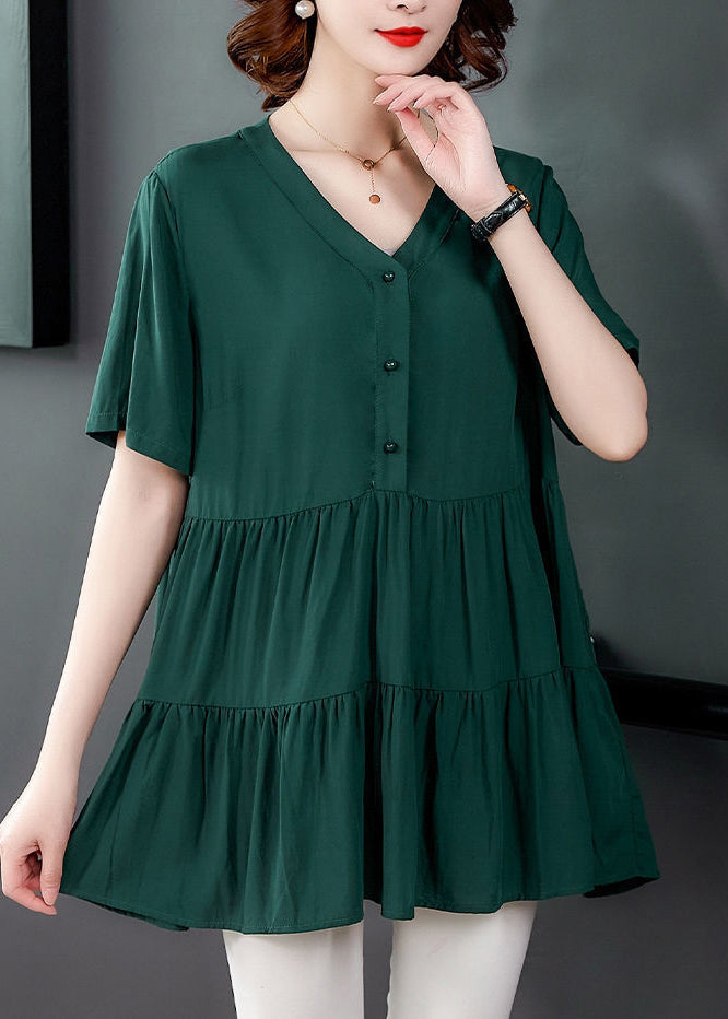 Unique Green V Neck wrinkled Ruffles Button Shirt Top Short Sleeve