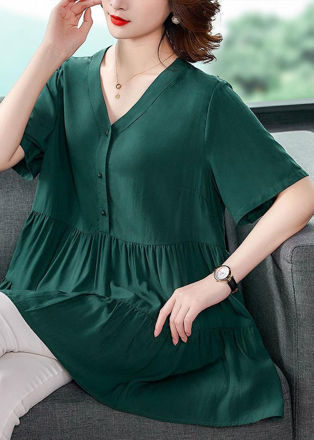 Unique Green V Neck wrinkled Ruffles Button Shirt Top Short Sleeve