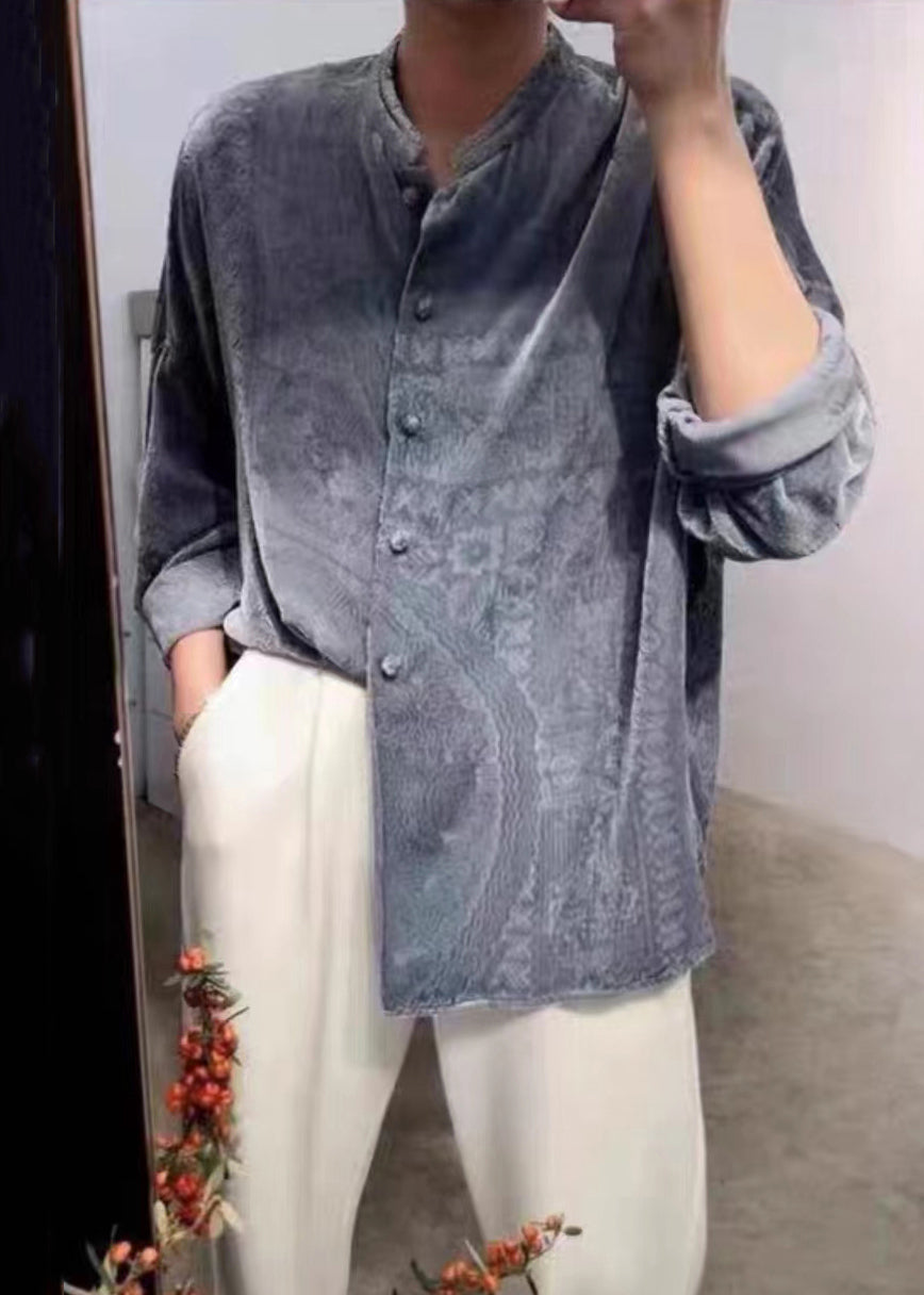 Unique Grey Button Patchwork Silk Velour Shirts Long Sleeve
