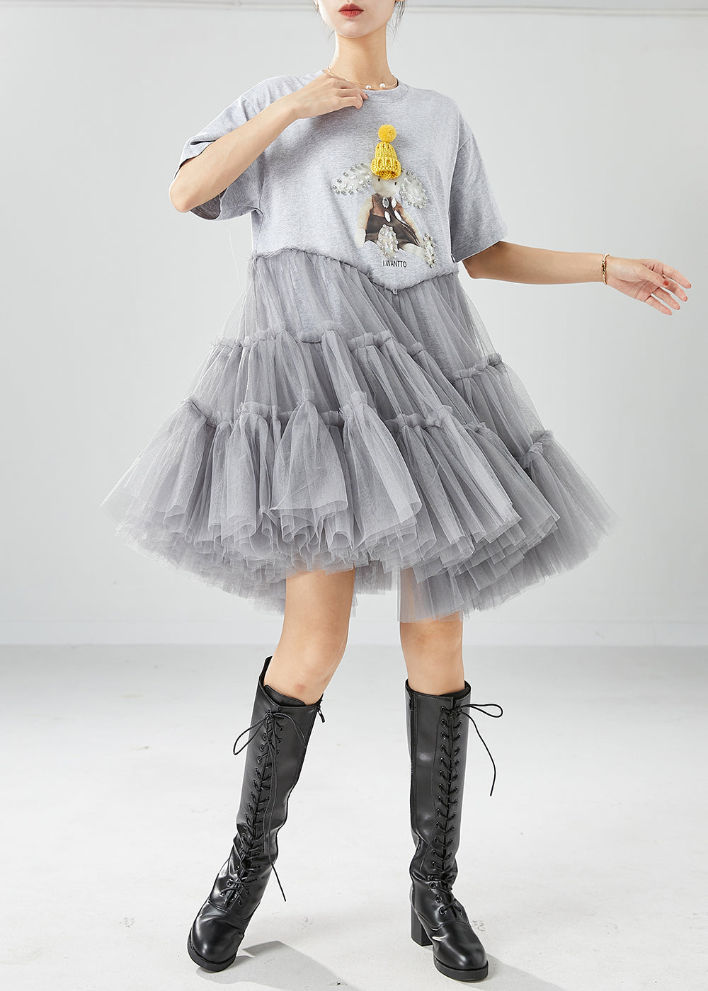 Unique Grey Cartoon Zircon Tulle Patchwork Cotton Party Dress Summer