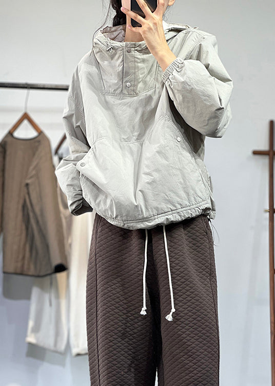 Unique Grey Cinched Hooded Fine Cotton Filled Tops Lantern Sleeve