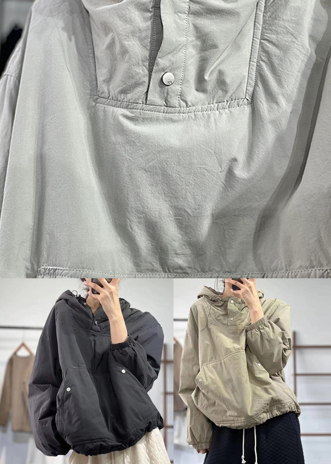 Unique Grey Cinched Hooded Fine Cotton Filled Tops Lantern Sleeve