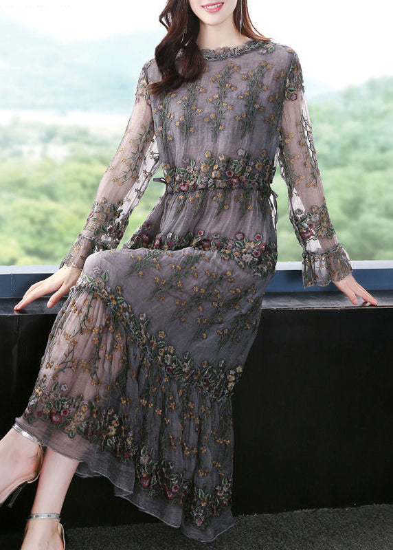 Unique Grey Embroideried Patchwork Silk Maxi Dresses Spring