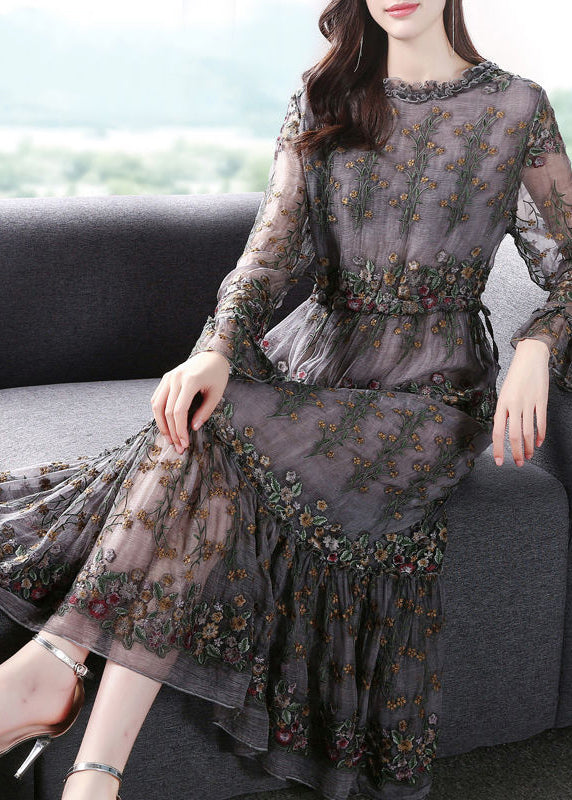 Unique Grey Embroideried Patchwork Silk Maxi Dresses Spring