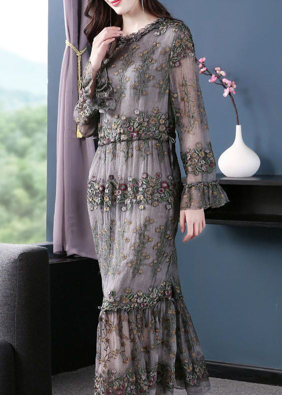 Unique Grey Embroideried Patchwork Silk Maxi Dresses Spring