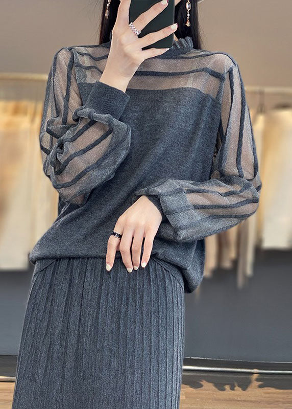 Unique Grey O-Neck Ruffled Tulle Patchwork Woolen Top Long Sleeve