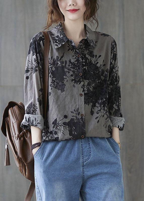 Unique Grey Peter Pan Collar Button Print Fall Blouses Long sleeve - Omychic