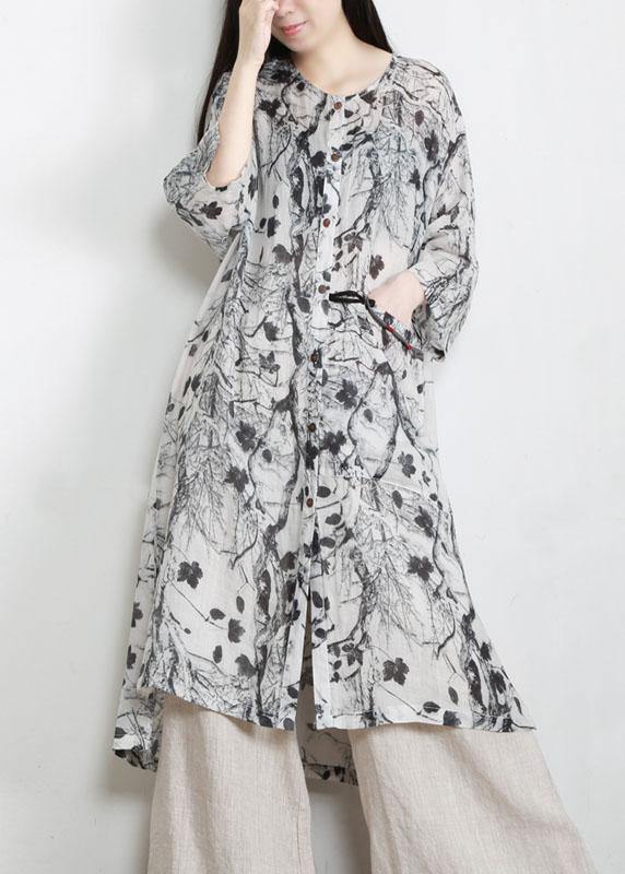 Unique Grey Print Patchwork Asymmetrical Design Ramie Top Fall - Omychic