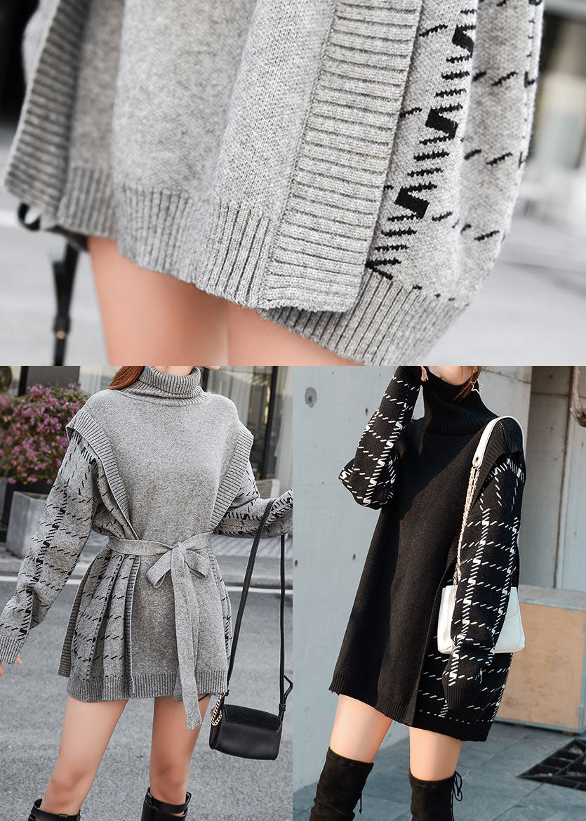 Unique Grey Turtle Neck Patchwork Knit Dress Winter