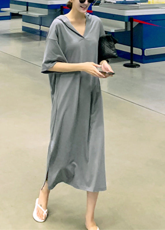 Unique Grey V Neck Side Open Cotton Hooded Long Dresses Short Sleeve