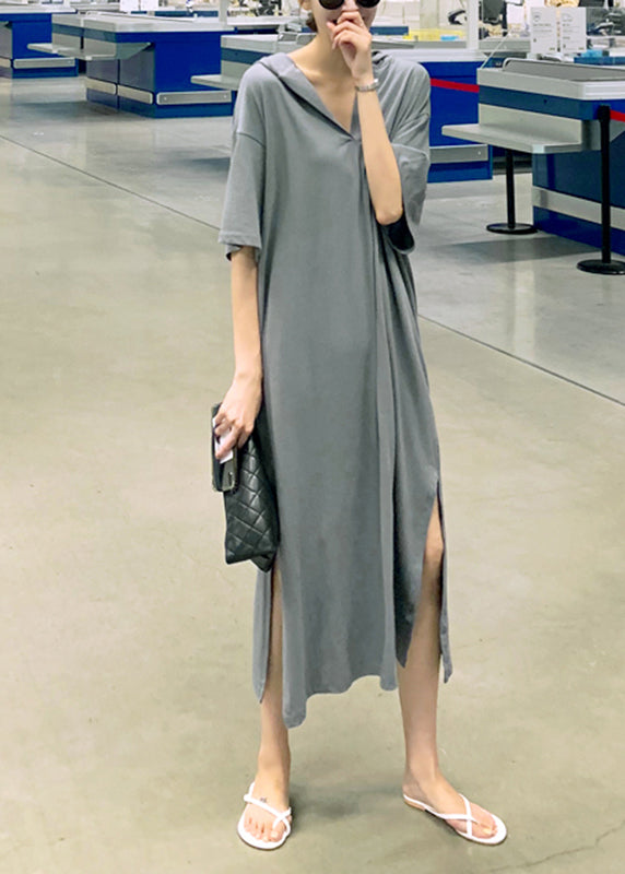 Unique Grey V Neck Side Open Cotton Hooded Long Dresses Short Sleeve