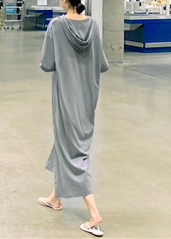 Unique Grey V Neck Side Open Cotton Hooded Long Dresses Short Sleeve