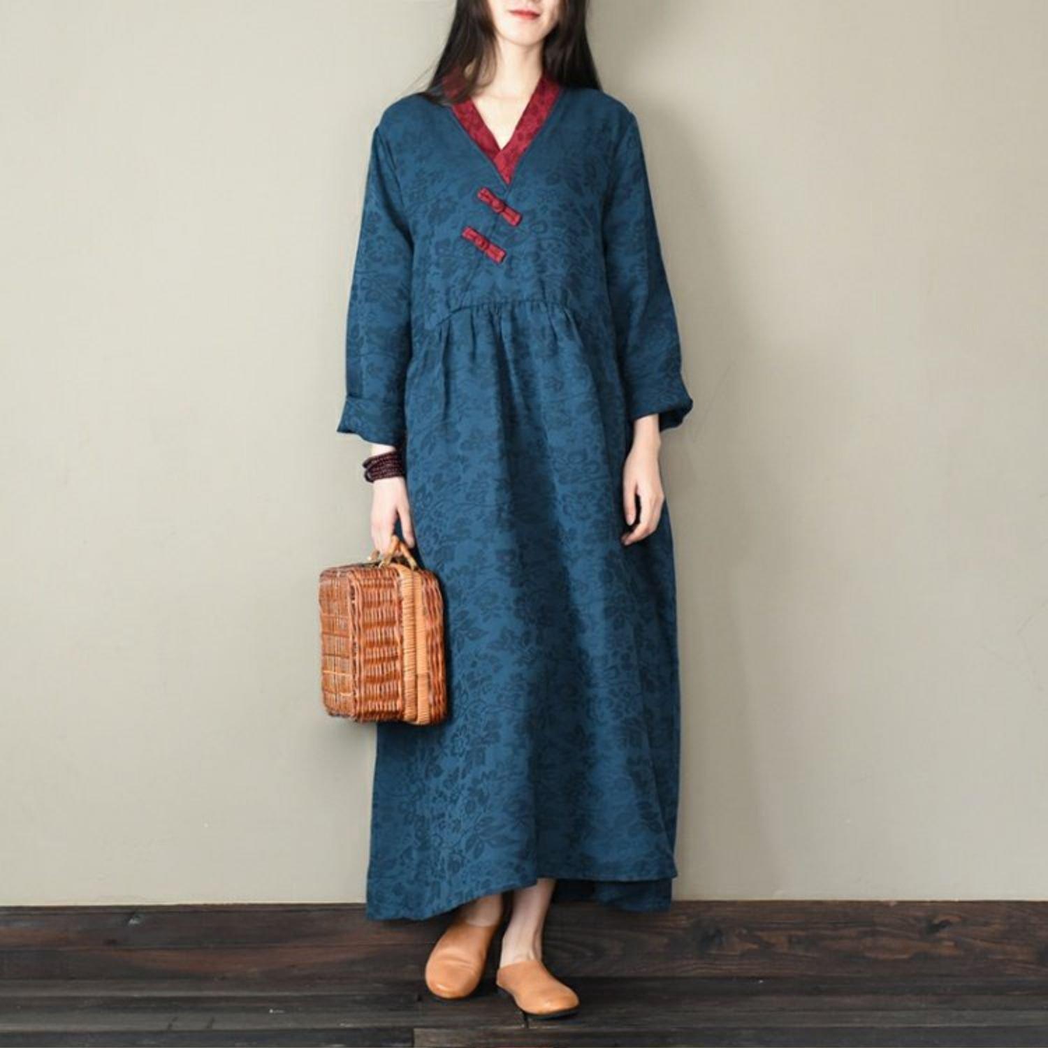 Unique Jacquard cotton v neck clothes Women Neckline blue Robe Dress - Omychic