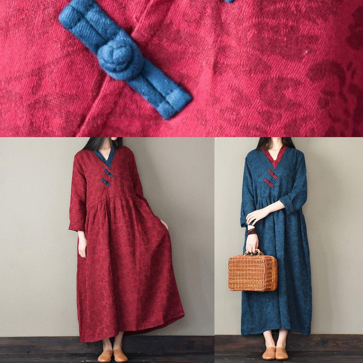 Unique Jacquard cotton v neck clothes Women Neckline blue Robe Dress - Omychic