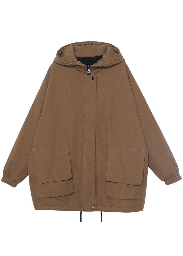 Unique Khaki Hooded drawstring Warm Fleece Jacket In Winter Winter - Omychic