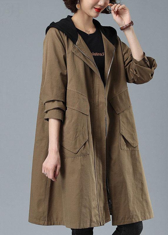Unique Khaki Loose Patchwork Pockets Fall Hoodie Coat - Omychic