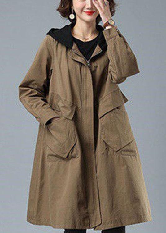 Unique Khaki Loose Patchwork Pockets Fall Hoodie Coat - Omychic