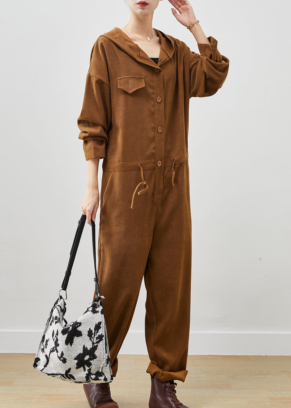 Unique Khaki Oversized Drawstring Cotton Overalls Jumpsuit Spring