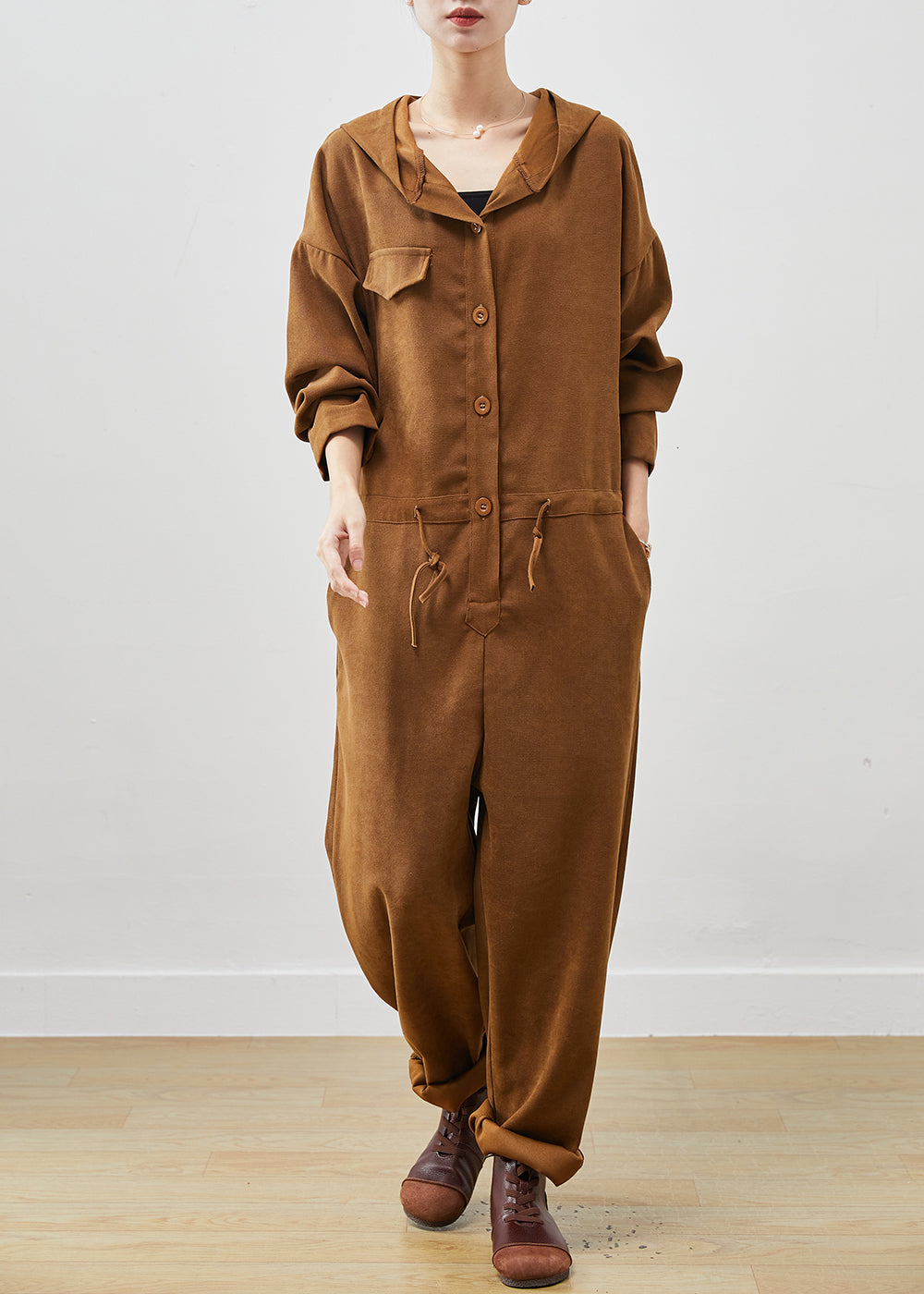 Unique Khaki Oversized Drawstring Cotton Overalls Jumpsuit Spring