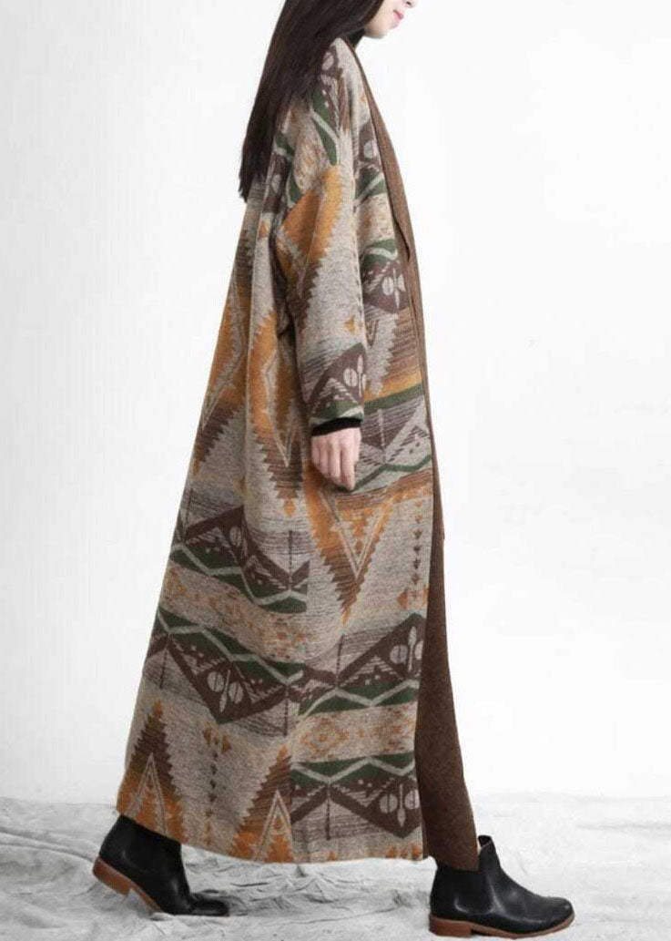 Unique Khaki Oversized Patchwork Print Wool Loose Cardigan Fall