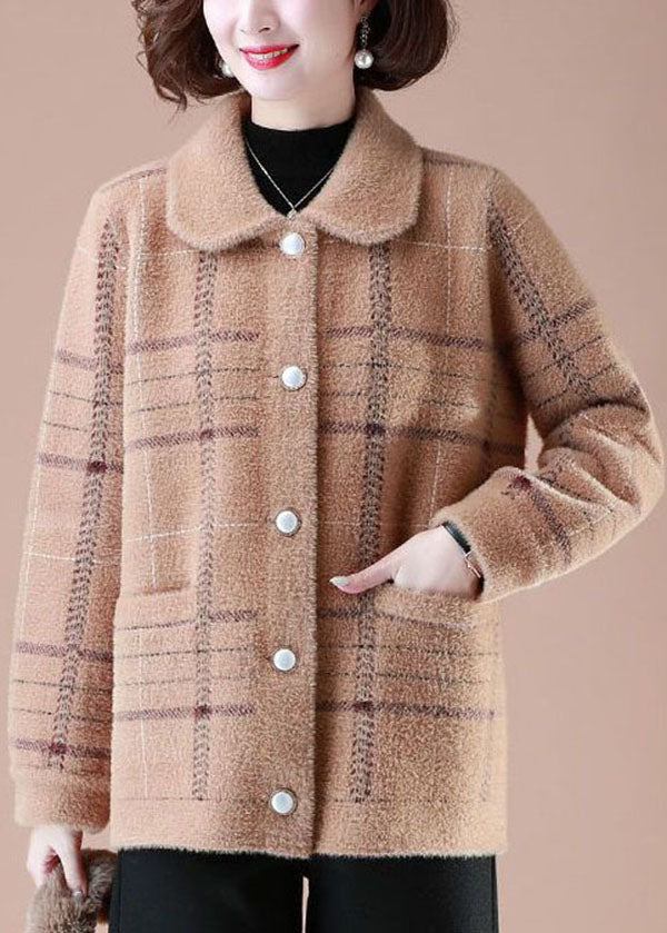 Unique Khaki Peter Pan Collar Plaid Pockets Mink Hair Knitted Coats Winter