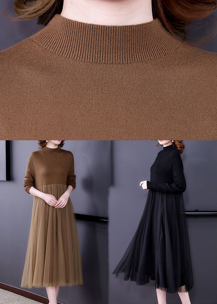 Unique Khaki Stand Collar Tulle Patchwork Knit Long Dress Long Sleeve