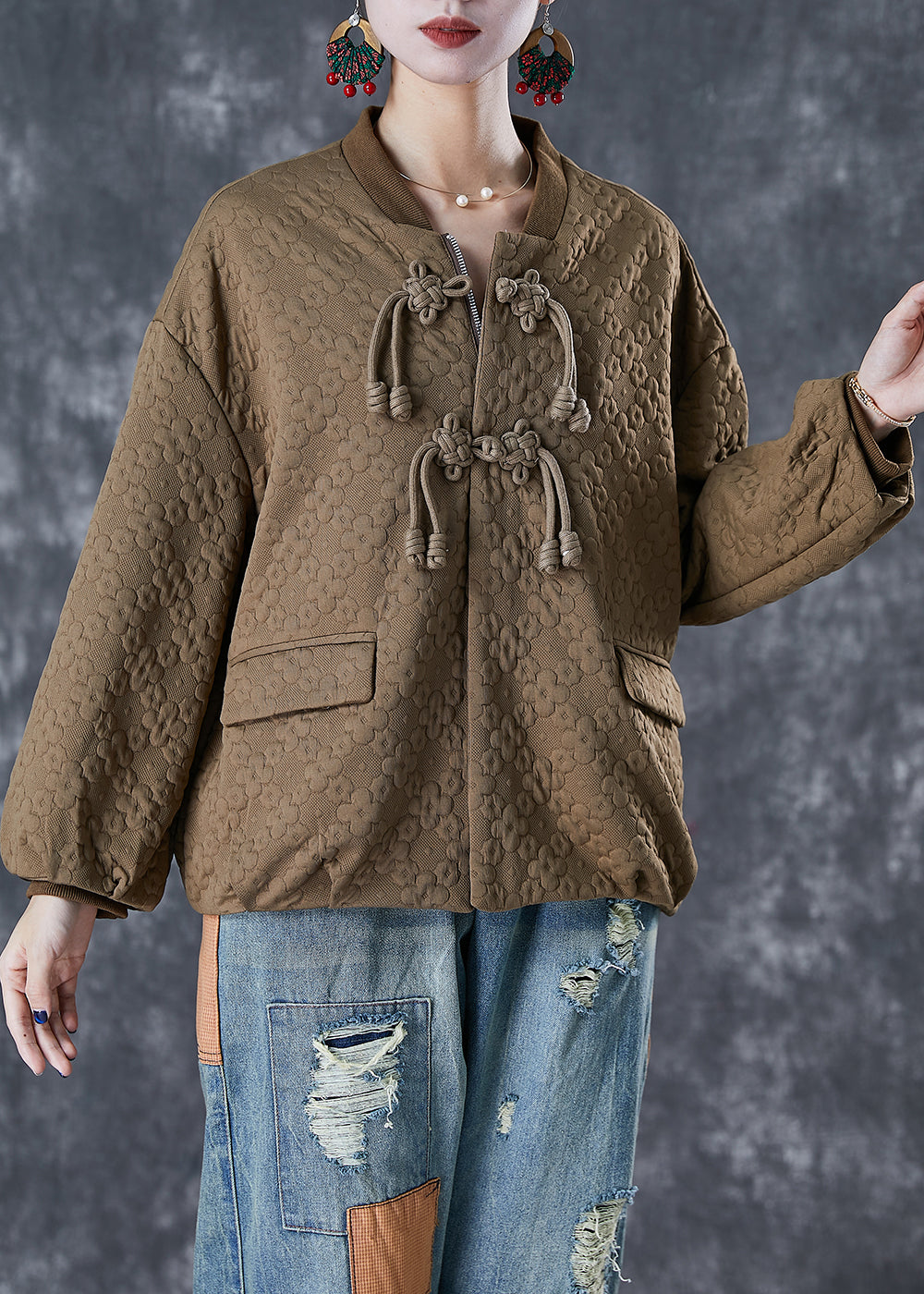 Unique Khaki Tasseled Jacquard Cotton Jacket Fall