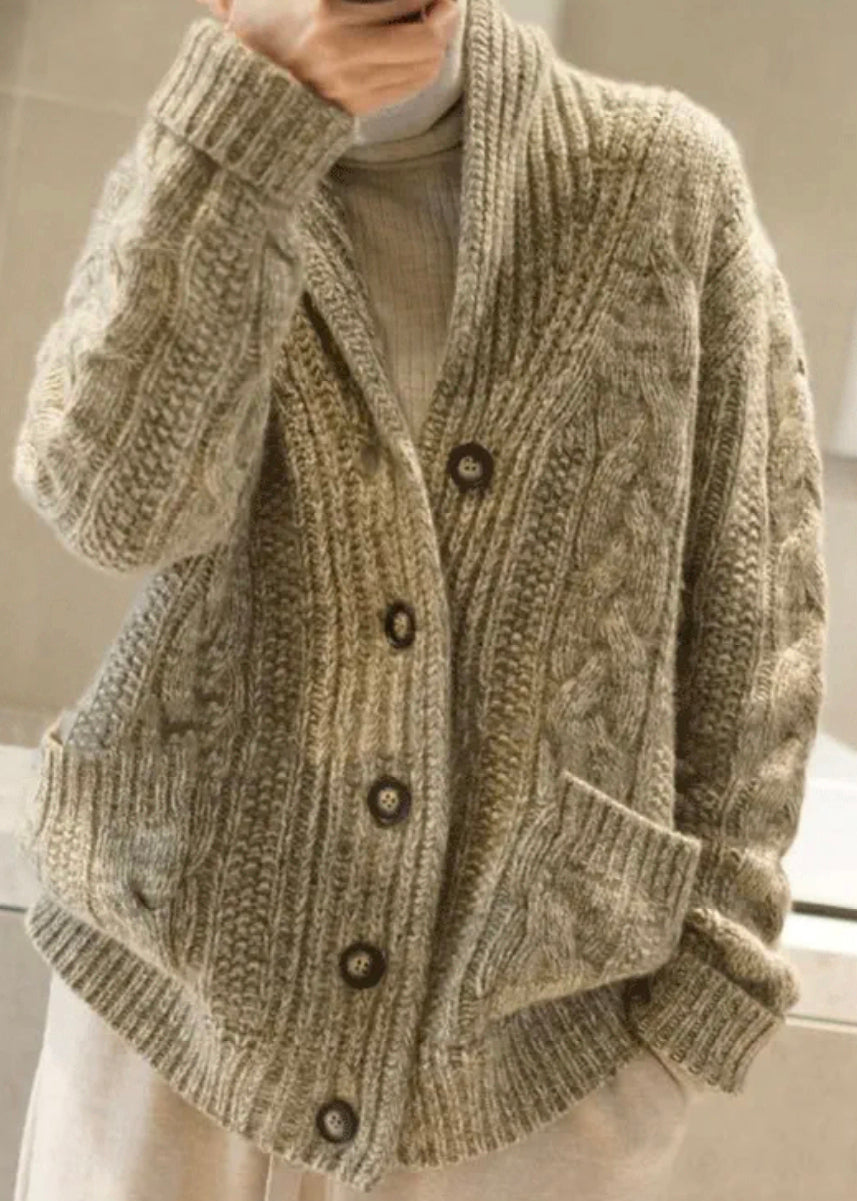 Unique Light Camel Button Pockets Patchwork Wool Knit Coats Fall