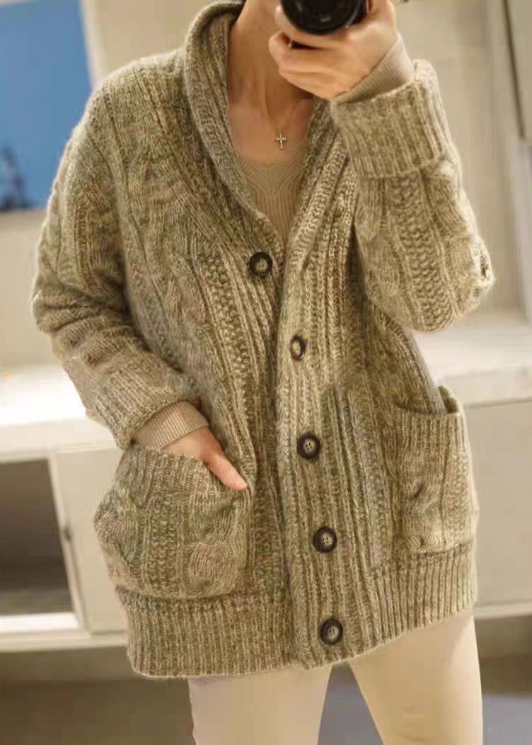 Unique Light Camel Button Pockets Patchwork Wool Knit Coats Fall
