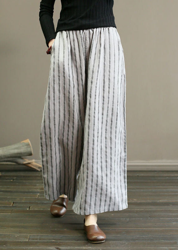Unique Light Grey Elastic Waist Oversized Striped Linen Pants Trousers