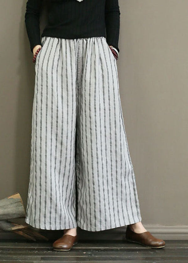 Unique Light Grey Elastic Waist Oversized Striped Linen Pants Trousers