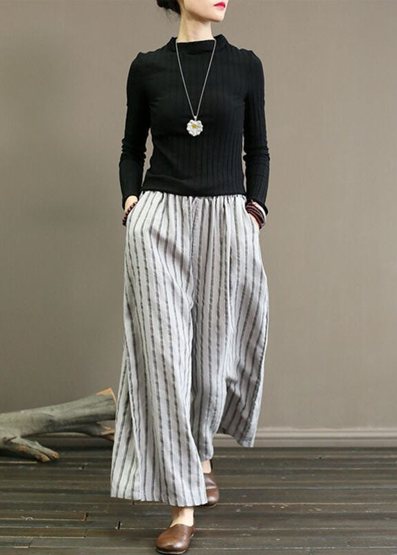 Unique Light Grey Elastic Waist Oversized Striped Linen Pants Trousers